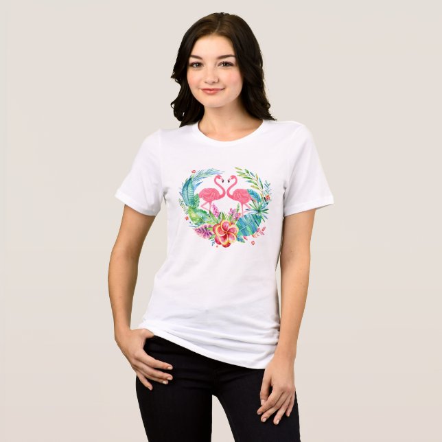 Rosa Flamingos & Colorful Tropical Flowers Wandan T-shirt (Framsida Full)