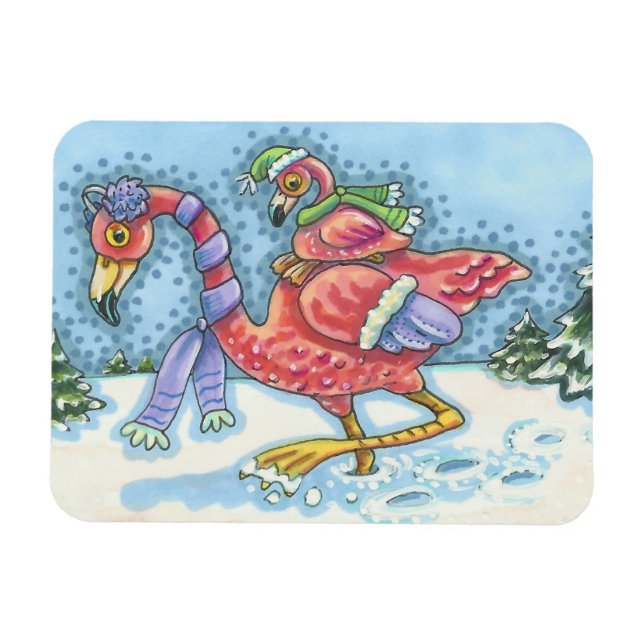 Rosa Flamingos Deep Snö CHRISTMAS MAGNET (Horisontell)