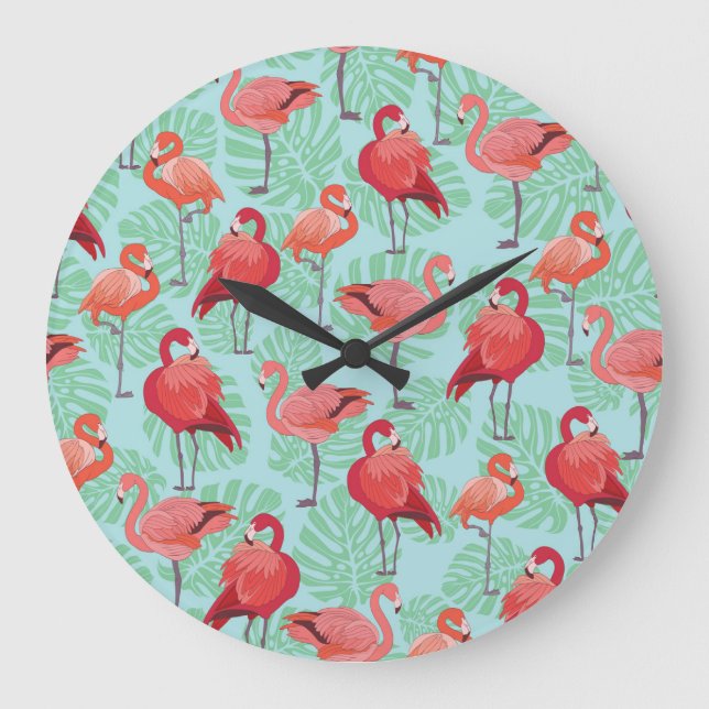 Rosa Flamingos: Exotic Seamless Mönster. Stor Klocka (Framsida)