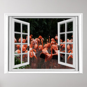 Rosa Flamingos fejkar fönstret beskådar Poster
