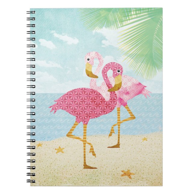 Rosa Flamingos för vattenfärg på stranden Anteckningsbok Med Spiral (Framsidan)