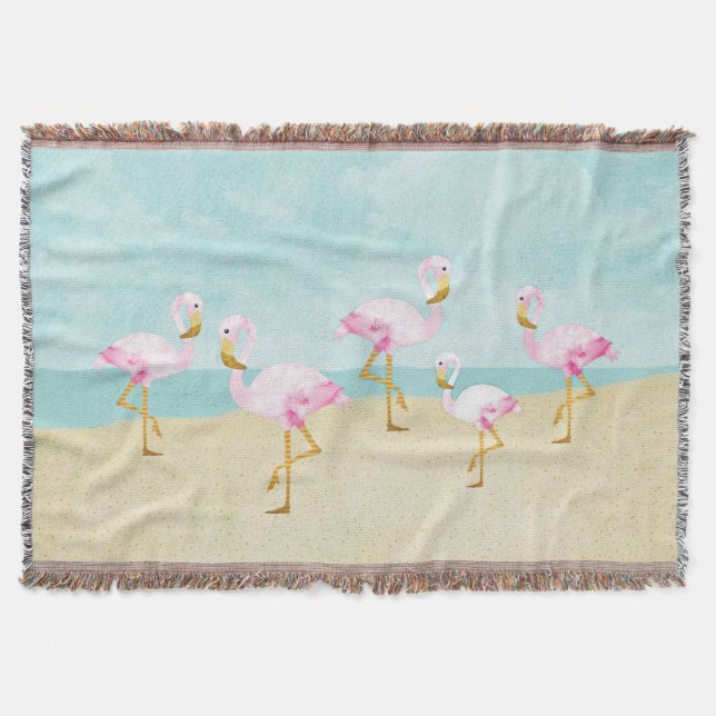 Rosa Flamingos för vattenfärg på stranden Filt (Framsidan)