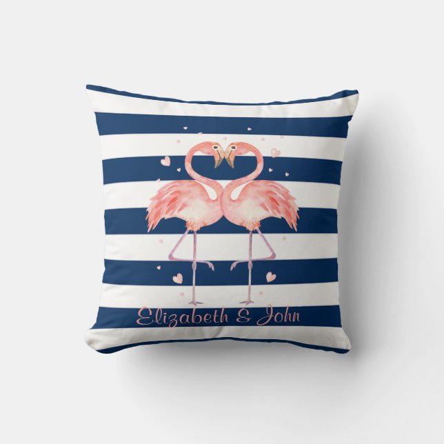 Rosa flamingos förälskade,marinblå ränder kudde (Framsida)