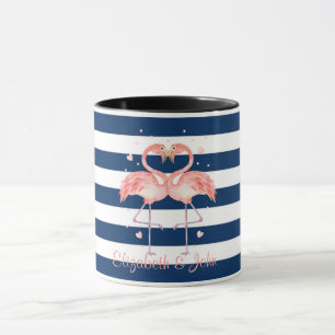Rosa Flamingos Förälskade,Marinblå Ränder Mugg