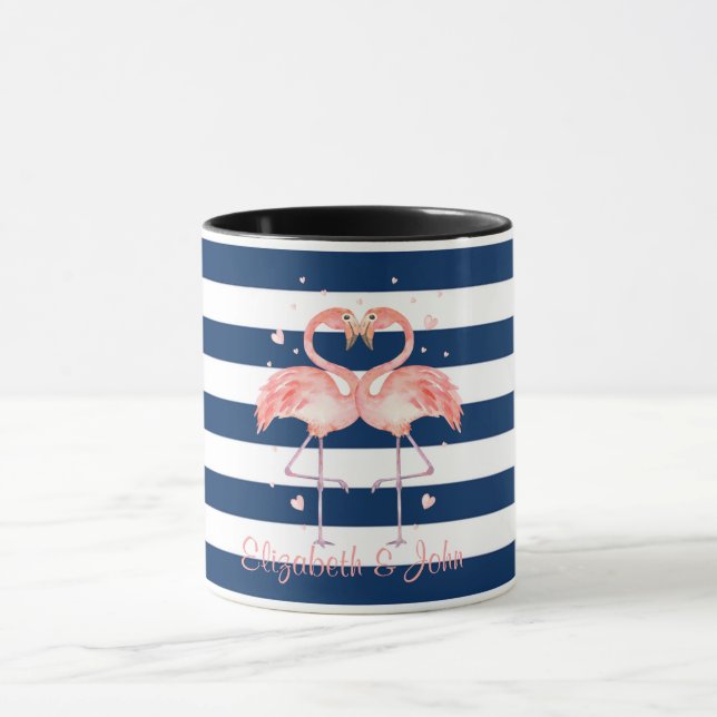 Rosa Flamingos Förälskade,Marinblå Ränder Mugg (Center)