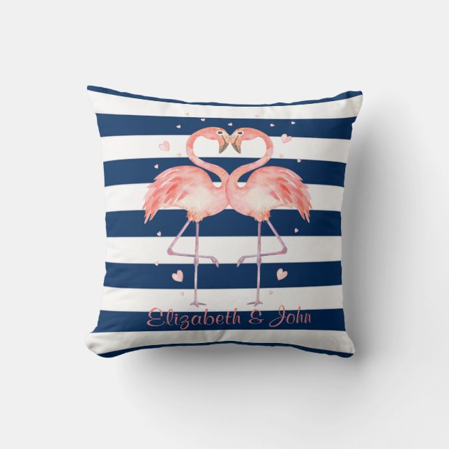 Rosa Flamingos Förälskade, Marinblå Randig Kudde (Framsida)