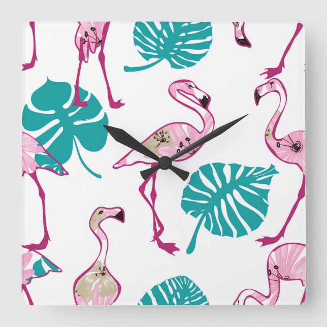 Rosa Flamingos Fyrkantig Klocka (Framsida)