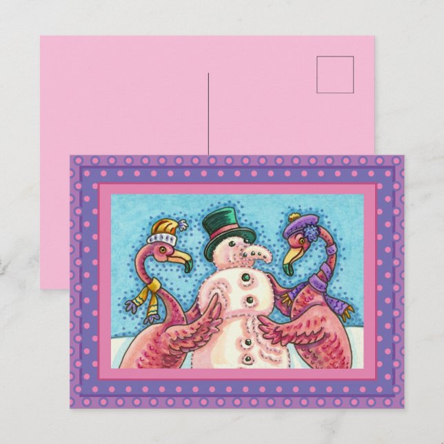 ROSA FLAMINGOS GÖR SNÖGUBBE, FUNNY CHRISTMAS BIRDS HELG VYKORT (Fram/baksida)
