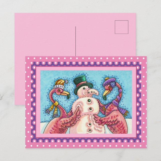 ROSA FLAMINGOS GÖR SNÖGUBBE, FUNNY CHRISTMAS BIRDS HELG VYKORT (Fram/baksida)