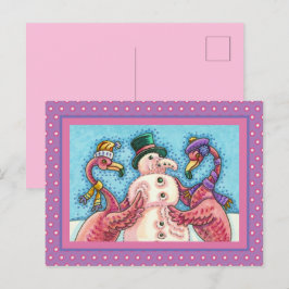 ROSA FLAMINGOS GÖR SNÖGUBBE, FUNNY CHRISTMAS BIRDS HELG VYKORT
