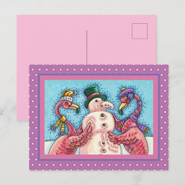 ROSA FLAMINGOS GÖR SNÖGUBBE, FUNNY CHRISTMAS BIRDS HELG VYKORT (Fram/baksida)
