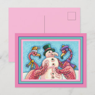 ROSA FLAMINGOS GÖR SNÖGUBBE, FUNNY CHRISTMAS BIRDS HELG VYKORT