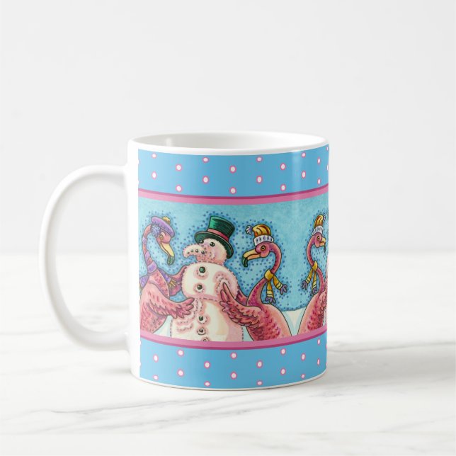 ROSA FLAMINGOS GÖR SNÖGUBBE, FUNNY CHRISTMAS BIRDS KAFFEMUGG (Vänster)