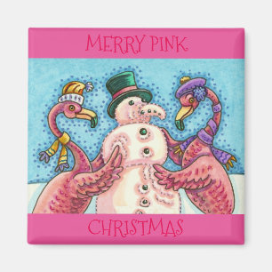 ROSA FLAMINGOS GÖR SNÖGUBBE, FUNNY CHRISTMAS BIRDS MAGNET