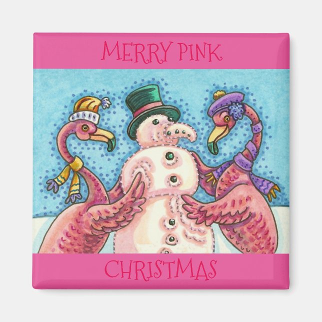 ROSA FLAMINGOS GÖR SNÖGUBBE, FUNNY CHRISTMAS BIRDS MAGNET (Framsidan)