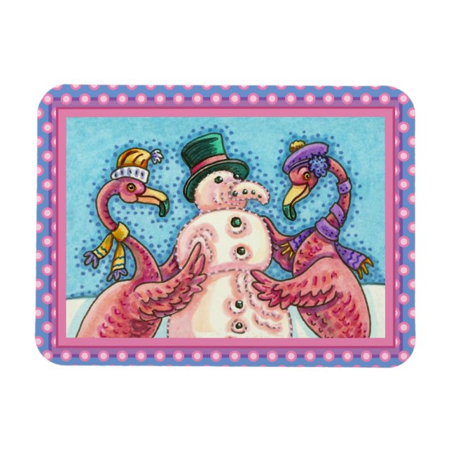 ROSA FLAMINGOS GÖR SNÖGUBBE, FUNNY CHRISTMAS BIRDS MAGNET (Horisontell)