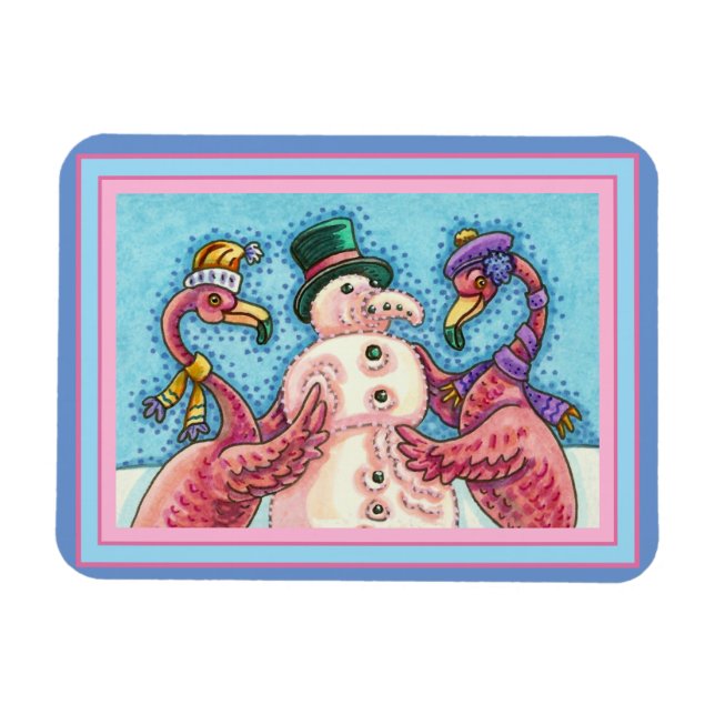 ROSA FLAMINGOS GÖR SNÖGUBBE, FUNNY CHRISTMAS BIRDS MAGNET (Horisontell)