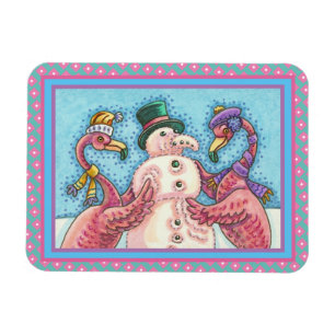ROSA FLAMINGOS GÖR SNÖGUBBE, FUNNY CHRISTMAS BIRDS MAGNET