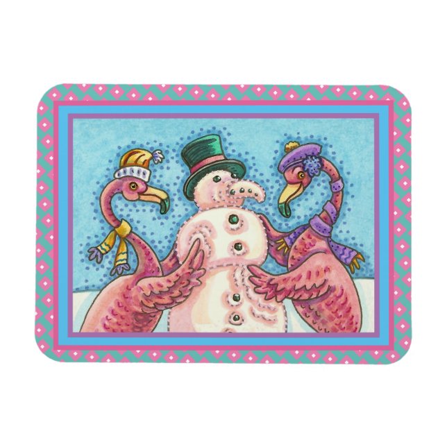 ROSA FLAMINGOS GÖR SNÖGUBBE, FUNNY CHRISTMAS BIRDS MAGNET (Horisontell)