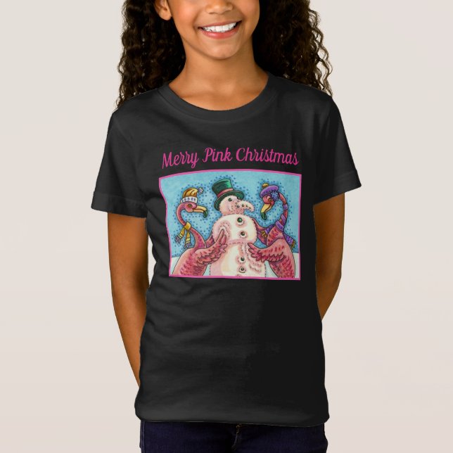 ROSA FLAMINGOS GÖR SNÖGUBBE, FUNNY CHRISTMAS BIRDS T SHIRT (Framsida)