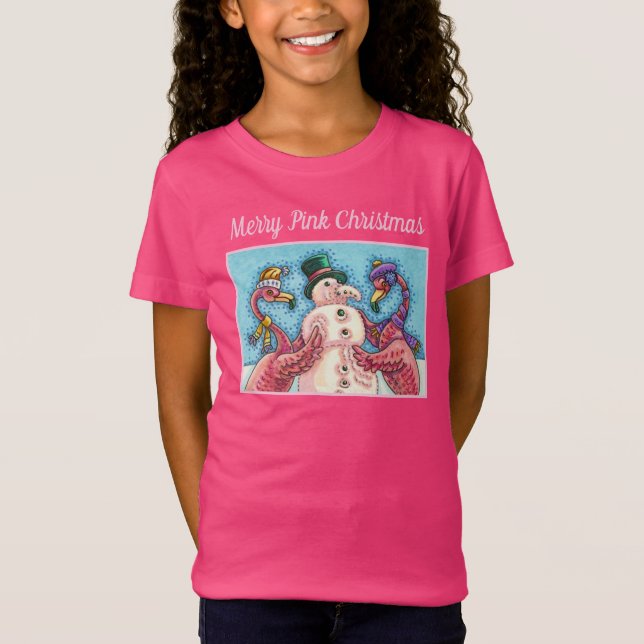 ROSA FLAMINGOS GÖR SNÖGUBBE, FUNNY CHRISTMAS BIRDS T SHIRT (Framsida)