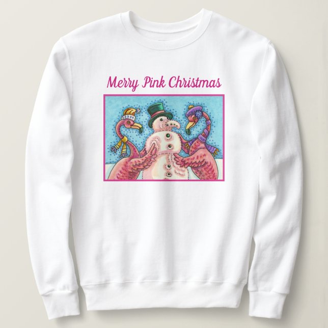 ROSA FLAMINGOS GÖR SNÖGUBBE, FUNNY CHRISTMAS BIRDS T SHIRT (Design framsida)