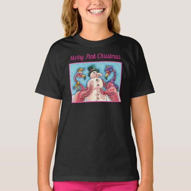 ROSA FLAMINGOS GÖR SNÖGUBBE, FUNNY CHRISTMAS BIRDS T SHIRT (Framsida)