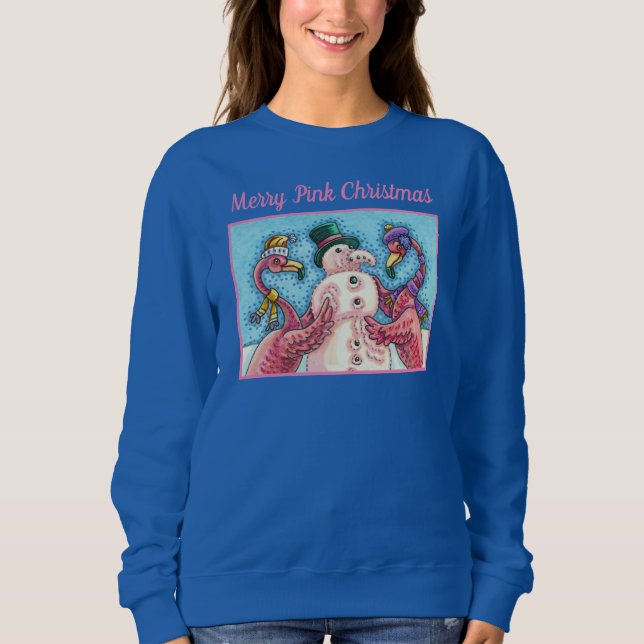 ROSA FLAMINGOS GÖR SNÖGUBBE, FUNNY CHRISTMAS BIRDS T SHIRT (Framsida)