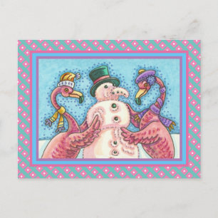 ROSA FLAMINGOS GÖR SNÖGUBBE, FUNNY CHRISTMAS BIRDS VYKORT