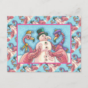 ROSA FLAMINGOS GÖR SNÖGUBBE, FUNNY CHRISTMAS BIRDS VYKORT