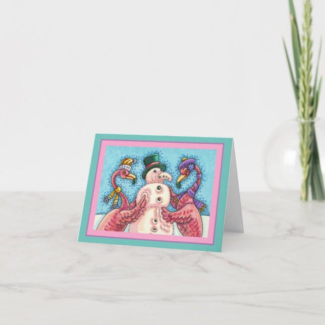 ROSA FLAMINGOS GÖR SNÖGUBBE, FUNNY CHRISTMAS Blank Kort (Framsida)
