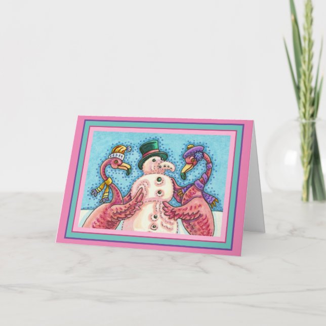 ROSA FLAMINGOS GÖR SNÖMAN, ROLIGA JULFUGLAR HELGKORT (Framsida)