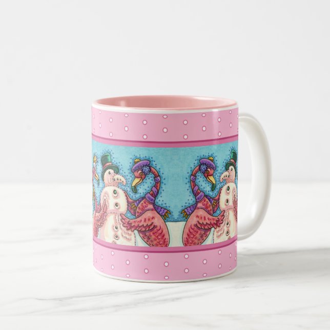 ROSA FLAMINGOS GÖR SNÖMAN, ROLIGA JULFUGLAR Två-Tonad MUGG (Framsida höger)
