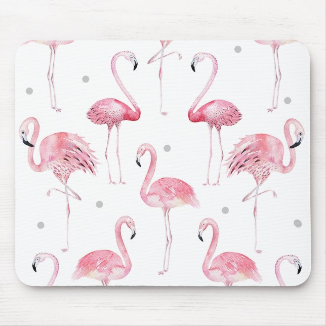 Rosa Flamingos Grått Polka dots Chic Vattenfärg Musmatta (Framsidan)