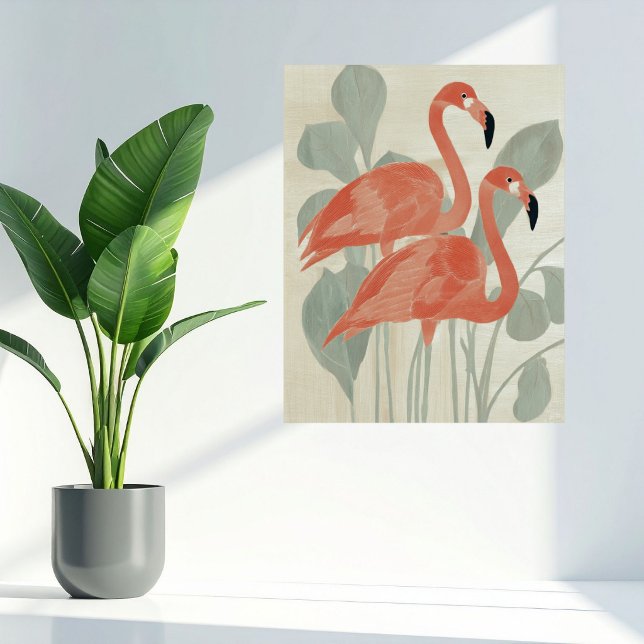 Rosa Flamingos Gröna Växter Vattenfärg Stilig Roli Poster (Skapare uppladdad)