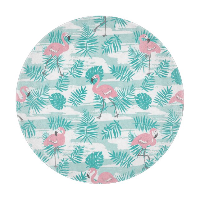 Rosa flamingos, grönt handflatan löv, tropiska. (Framsidan)
