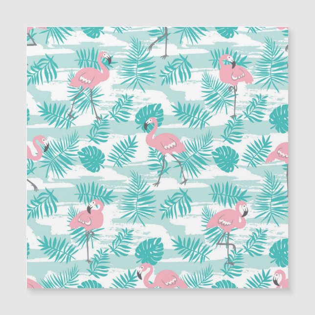 Rosa flamingos, grönt handflatan löv, tropiska. (Framsida)