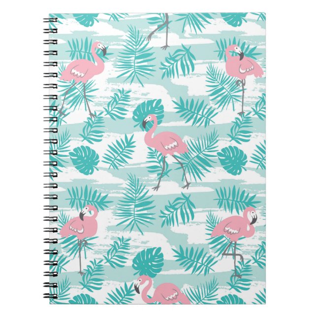 Rosa flamingos, grönt handflatan löv, tropiska. anteckningsbok (Framsidan)