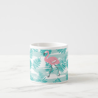 Rosa flamingos, grönt handflatan löv, tropiska. espressomugg