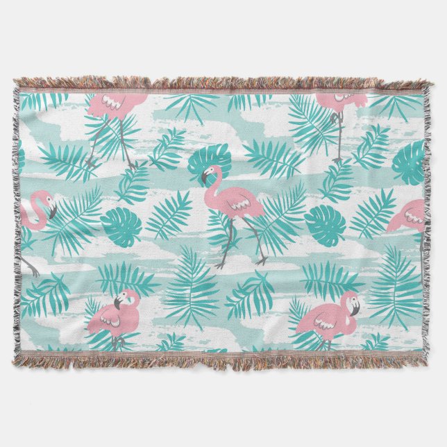 Rosa flamingos, grönt handflatan löv, tropiska. filt (Framsidan)