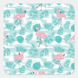 Rosa flamingos, grönt handflatan löv, tropiska. fyrkantigt klistermärke