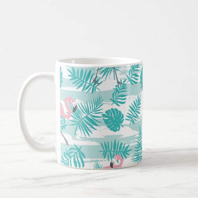 Rosa flamingos, grönt handflatan löv, tropiska. kaffemugg (Vänster)