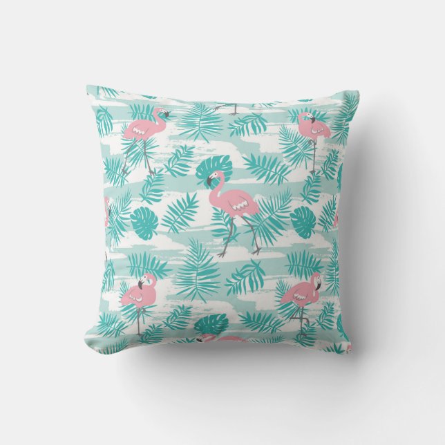 Rosa flamingos, grönt handflatan löv, tropiska. kudde (Framsida)