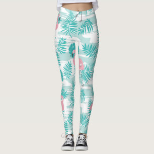 Rosa flamingos, grönt handflatan löv, tropiska. leggings