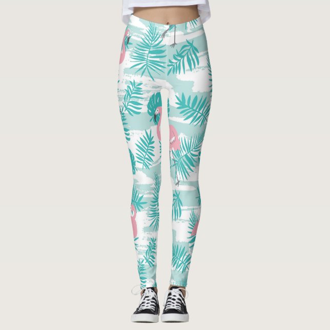 Rosa flamingos, grönt handflatan löv, tropiska. leggings (Framsida)
