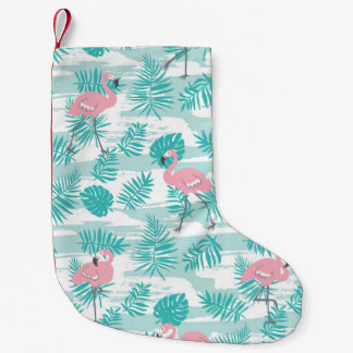 Rosa flamingos, grönt handflatan löv, tropiska. liten julstrumpa