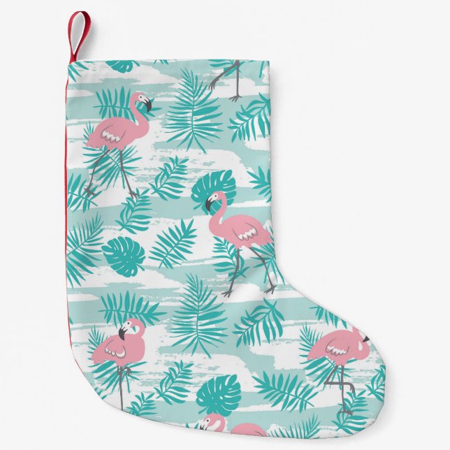 Rosa flamingos, grönt handflatan löv, tropiska. liten julstrumpa (Framsidan)