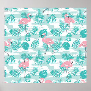 Rosa flamingos, grönt handflatan löv, tropiska. poster