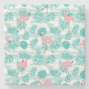 Rosa flamingos, grönt handflatan löv, tropiska. stenunderlägg