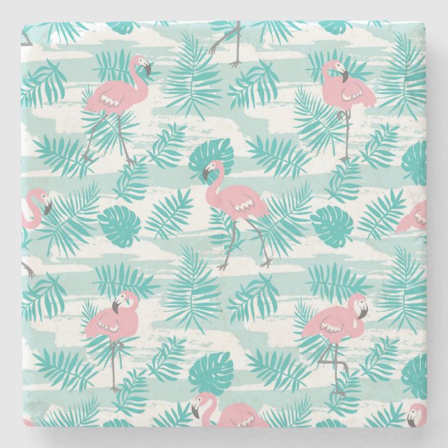 Rosa flamingos, grönt handflatan löv, tropiska. stenunderlägg (Framsidan)